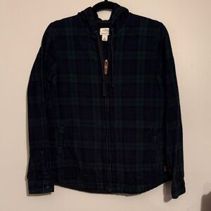 L.L. Bean Dark Green and Navy Plaid Hooded Zip Shirt